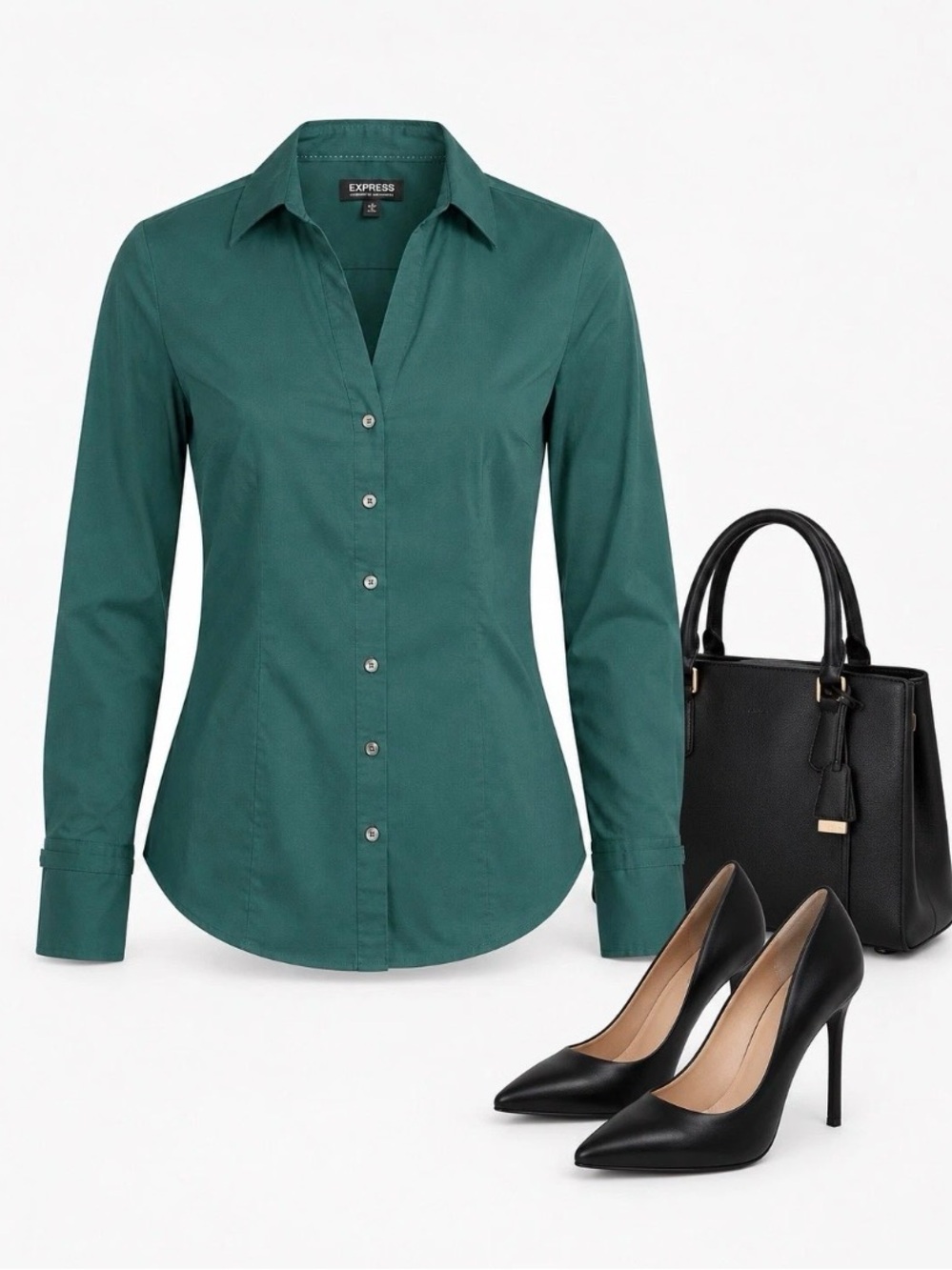 Express Design Studio Women XS Forest Green Collared Button-Up Long Sleeve Shirt
